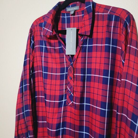 Alexander Jordan Womens XL New Plaid Popover Tunic Top- Flowy Wine/Navy $59 - Picture 3 of 7